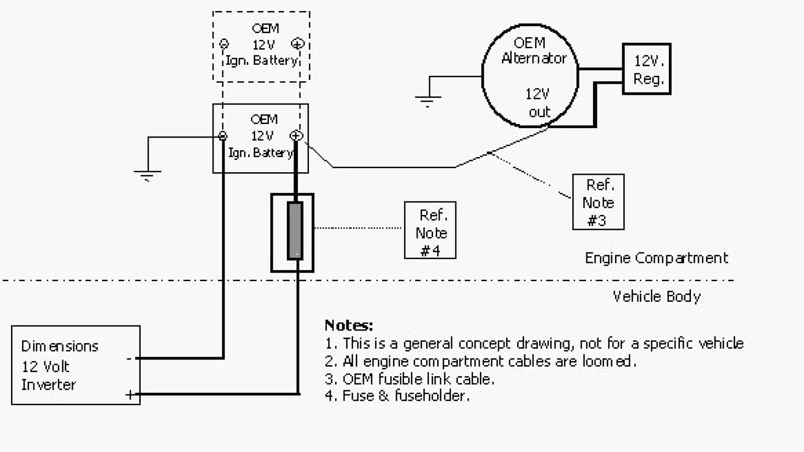 Figure 2 — Cabling, 1000W or less, no auxiliary battery, OEM alternator
